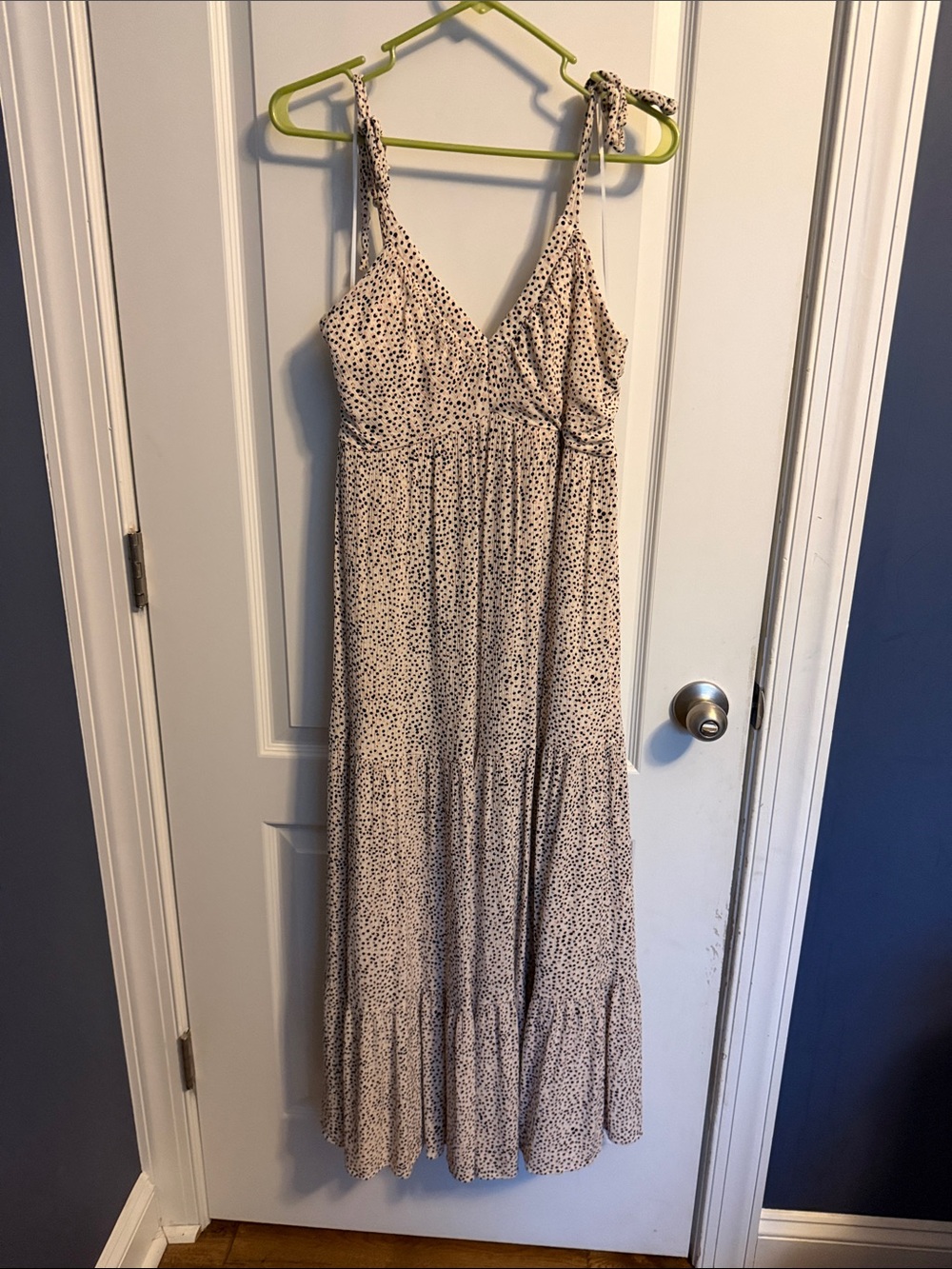 Express Tiered Maxi Dress Cream Blush Dalmatian Spot Print V Neck Tie Shoulders